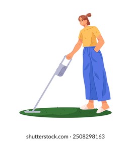 Female personage cleaning home and vacuuming carpet. Vector flat cartoon character tidying up and caring for cleanliness at house. Daily routine of girl wearing homewear and cozy slippers