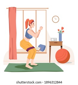 Female personage doing exercises and sports during quarantine at home. Gym in room, lady using rubber band for squats. Working out and leading active lifestyle. Cartoon character, vector in flat style