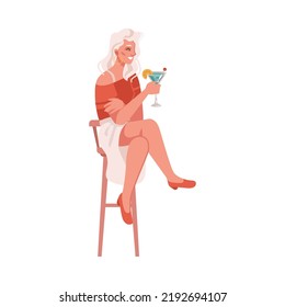 Female personage drinking cocktail sitting on barstool. Isolated woman enjoying summer beverage on vacation. Vector in flat style, flat cartoon character