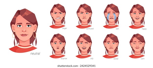 Weibliche Persönlichkeit, Mimik und Emotionen. Vektor isolierte flache Cartoon-Figur zeigt Wut und Verwirrung, Traurigkeit und Glück, ruhig und gelangweilt, albern und überrascht Mädchen Gesicht