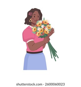 Female personage with flowers bouquet in hands. Vector flat cartoon character, isolated woman with blooming flora composition. Present on holiday, date or anniversary, international womens day