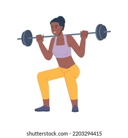 Personaje femenino en el gimnasio haciendo ejercicios en una mujer salvaje y aislada. Manteniéndose en forma o perdiendo peso. Caricatura plana, vector de estilo plano