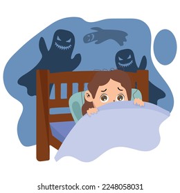 Female personage having insomnia because of bad dreams and nightmares. Thoughts in head, girl pulling blanket and afraid. Frightened and sleepless lady. Cartoon character in flat style vector.