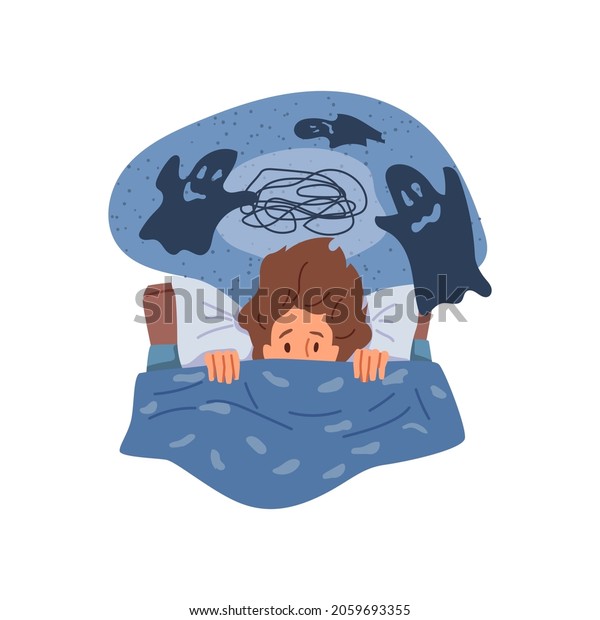Female personage having insomnia because of bad\
dreams and nightmares. Thoughts in head, girl pulling blanket and\
afraid. Frightened and sleepless lady. Cartoon character in flat\
style vector