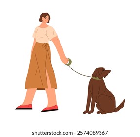 Female personage holding pet on leash. Vector isolated flat cartoon character, woman walking or resting with dog. Owner and canine animal outdoors. Leisure activities and fun rest on weekends