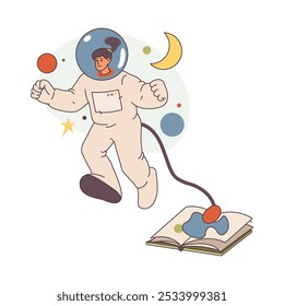 Personaje femenino, lector aislado del libro que imagina el mundo cósmico de la fantasía y que lleva el uniforme de los astronautas. Hobby y pasatiempo de la mujer disfrutando de historias de fantasía. Vector plano del carácter del estilo de la historieta