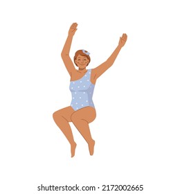 Female personage jumping wearing swimsuit. Woman in swimwear resting by seaside, pool or lake. Beach activities and leisure. Flat cartoon character, vector illustration