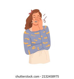 Female personage laughing and smiling isolated girl covering face with hand. Vector friend with curly hairstyle. Positive girl with nice facial expression, fashionable lady. Flat cartoon character