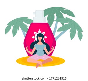 Female personage meditation on summer vacation by seaside, sunscreen protective lotion or moisturizer for skin. Sunburns suncream in package, decorated with palm tree leaves, vector in flat style