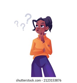 Female personage with question mark and confused look. Vector isolated flat cartoon character thinking and being curious. Teenager solving problem and brainstorming, student or child in doubts cartoon