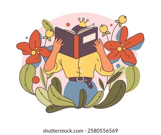 Female personage reading book and imagining setting of novel. Isolated woman with textbook wearing crown, surrounded by flowers in blossom and leaves. Flat cartoon style character vector