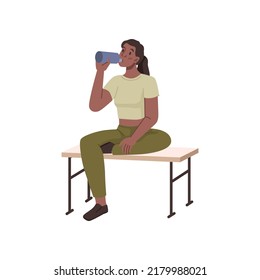 Female personage resting after exercises, doing sports and working out. Isolated woman drinking water sitting on bench and stretching. Flat cartoon character, vector illustration