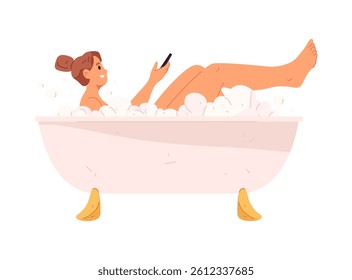 Female personage scrolling smartphone and social media while soaking in bathtub with bubbles. Vector flat cartoon character resting. Isolated woman in soapy water relaxing. Daily routine