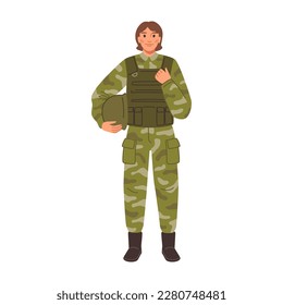 Female personage serving in army forces. Isolated woman wearing life vest and helmet. Combatant or soldier, fighter at army. Flat cartoon, vector illustration