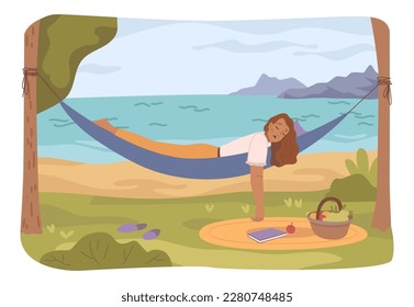 Female personage sleeping or taking nap in hammock. Woman with book and basket with fruits and meal for picnic. Flat cartoon character, vector illustration