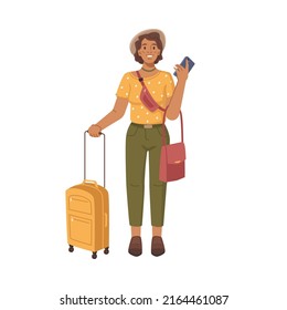 Personaje femenino con smartphone, bolso de mano y maleta listo para viajar. Viaje y viaje, turista de pasajeros de vacaciones en el extranjero. Caricatura plana, ilustración vectorial