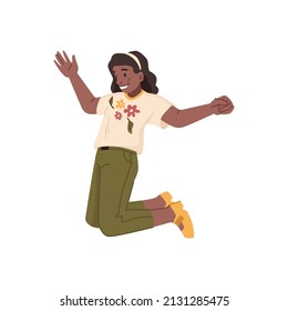 Female personage with smile on face, isolated girl jumping high. Vector girl with joyful expression, happy american female pupil having fun. Playing game, active motions. Flat cartoon character