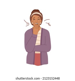 Personaje femenino sonriendo y divirtiéndose. Mujer vectora riendo y tratando de dejar de reír, atractiva dama cubriendo la cara con la mano. Niña o estudiante alegre y feliz. Caricatura plana