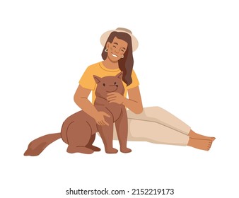 Female personage spending time with pet, owner and cute dog with furry coat. Vector flat cartoon character cuddling and hugging dog, leisure and rest with best friend. Young lady or teenager