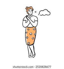 Personaje femenino con el garabato de la burbuja del pensamiento. Personaje de dibujos animados planos de Vector, mujer aislada que piensa en la solución del problema. Reflexión y lluvia de ideas de la muchacha que lleva ropa formal oficial