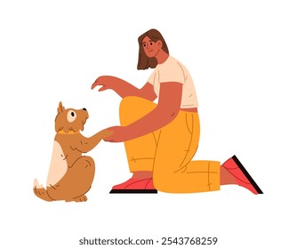 Personaje femenino que entrena a los perros manda y obedece. Vector aislado personaje de dibujos animados plano jugando con perrito, enseñanza dar movimiento de la pata. Mujer en el ocio, dueño con la mascota linda, entrenador canino