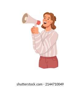 Female personage using megaphone for news or offers announcement. Vector flat cartoon character with bullhorn, marketing and promotion, catching attention and proposing deal for clients