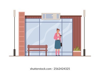 Female personage waiting by entrance of bus terminal, station or transport stop. Vector exterior of construction for passengers. Facade with timetable, bench for sitting and houseplants decor