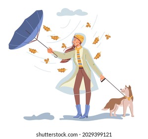 Female personage walking dog outdoors under rainy and windy weather in autumn. Fall seasonal weather, lady with umbrella and protective raincoat. Cartoon character in flat style vector illustration