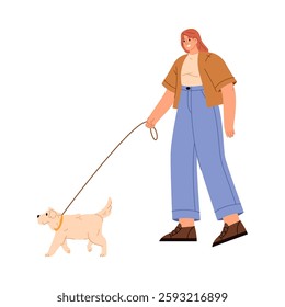 Female personage walking and resting with pet animal. Vector isolated flat cartoon character with dog on leash. Strolling girl with smiling facial expression and doggy wagging tail happily