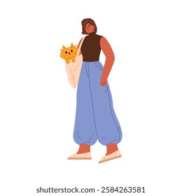 Female personage walking with small dog sitting in bag. Vector isolated flat cartoon character, owner strolling with pet in tote. Woman enjoying weekend or free time with furry canine animal