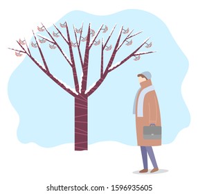 Female personage wearing warm clothes, hat and scarf walking in winter park. Forest with tree branches covered with snow. Wintertime and bad weather conditions. character outdoors vector in flat