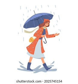 Female personage wearing warm clothes and coat holding umbrella and walking under rain. Cold weather in autumn fall season. Low temperatures and chill. Cartoon character in flat style vector