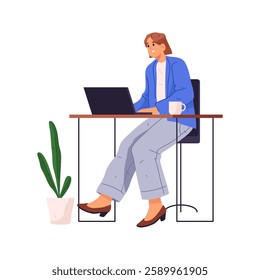 Female personage working from home or office. Vector flat cartoon character in business suit using laptop for communication with clients and completion of work tasks and projects. Daily routine