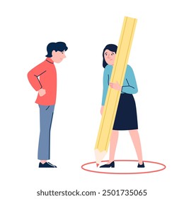 Female personal boundaries. Woman defending herself private space from man. Freedom and female independence. Introvert character recent vector scene