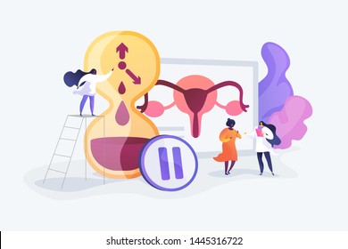 Female personal health concern, worry. Woman getting checked by doctors. Menopause, women climacteric, hormone replacement therapy concept. Vector isolated concept creative illustration