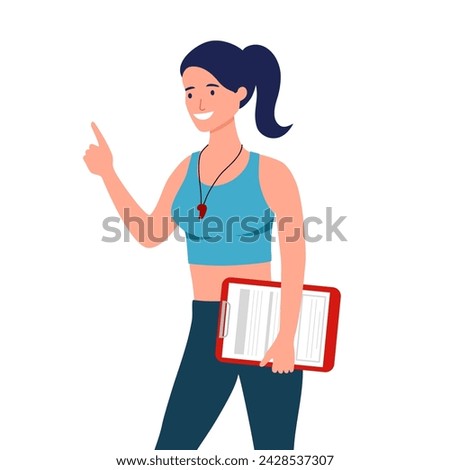 Female personal trainer character in flat design on white background.