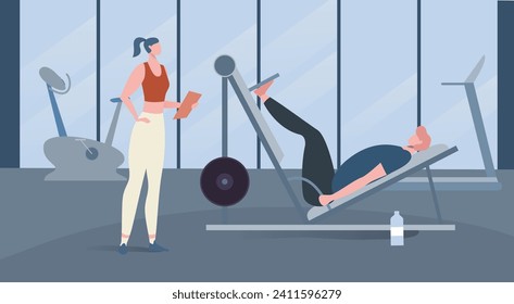 Female personal trainer coaching man doing leg press in gym. Fitness instructor with clipboard and sportsman exercising. Workout supervision and gym training vector illustration.