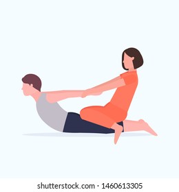 female personal trainer doing stretching exercises with man fitness instructor helping guy to stretch muscles workout concept flat full length