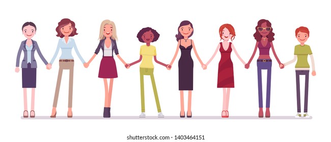 Female persons standing together holding hands. Women and girls unity of different nations, age, jobs supporting feminism movement. Vector flat style cartoon illustration isolated on white background