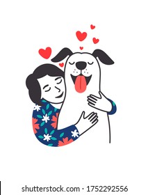 Female pet friend. Cartoon young woman hugging cute puppy with care and love, cozy relaxing friendship of girl and dog, happy poster with red hearts isolated on white background, vector illustration