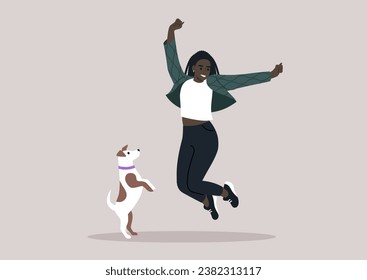 A female pet owner jumping with their Jack Russell puppy, both filled with happiness and excitement