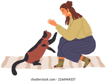 Female Pet Owner Plays With Cat. Caring For Four-footed Friend Concept. Kitty And Woman Friends Isolated On White Background. Lady Spends Time With Kitten, Domestic Animal, Human Companion At Home