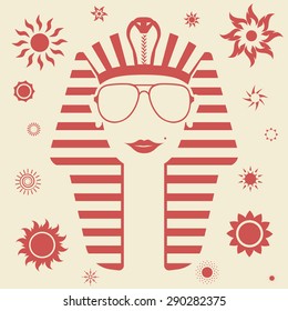 Female Pharaoh in sunglasses with a beauty spot on her cheek, red sun icons - isolated flat vector illustration.