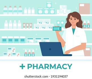 Female pharmacist behind the counter in a drugstore selling medicine. Vector illustration in flat style