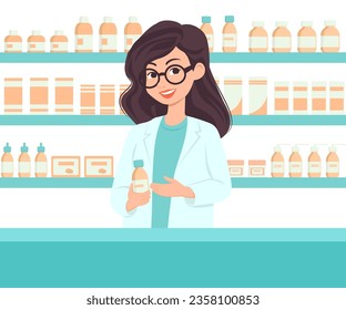 Female pharmacist behind the counter with shelves with medicines on background. Vector illustration