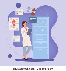 Female pharmacist checking inventory of medicine in pharmacy drugstore. Professional in uniform standing near drugs shelves. Vector illustration for medicine, treatment, healthcare concept