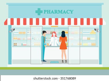 Female pharmacist at the counter in a pharmacy opposite of shelves with medicines, building exterior front view and interior, drug store Health care conceptual vector illustration.