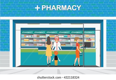 Female pharmacist at the counter in a pharmacy shop opposite of shelves with medicines, building exterior front view and interior, drug store Health care conceptual vector illustration.