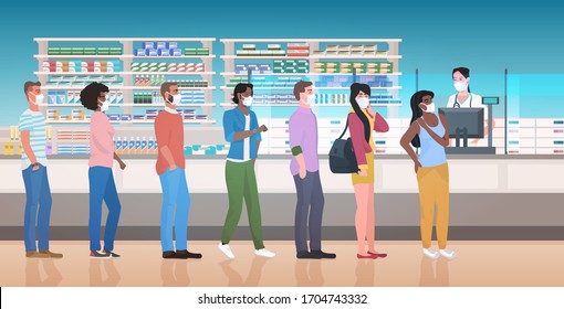 female pharmacist giving pills to mix race customers patients standing line queue at pharmacy counter modern drugstore interior medicine healthcare concept horizontal full length vector illustration