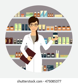 Female Pharmacist Pharmacy Standing Near Shelve Stock Vector (Royalty ...